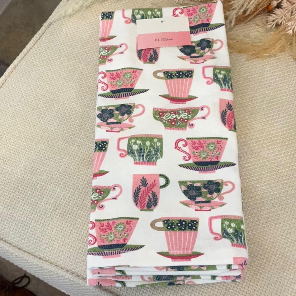 Pink tea cup kitchen towels set of two